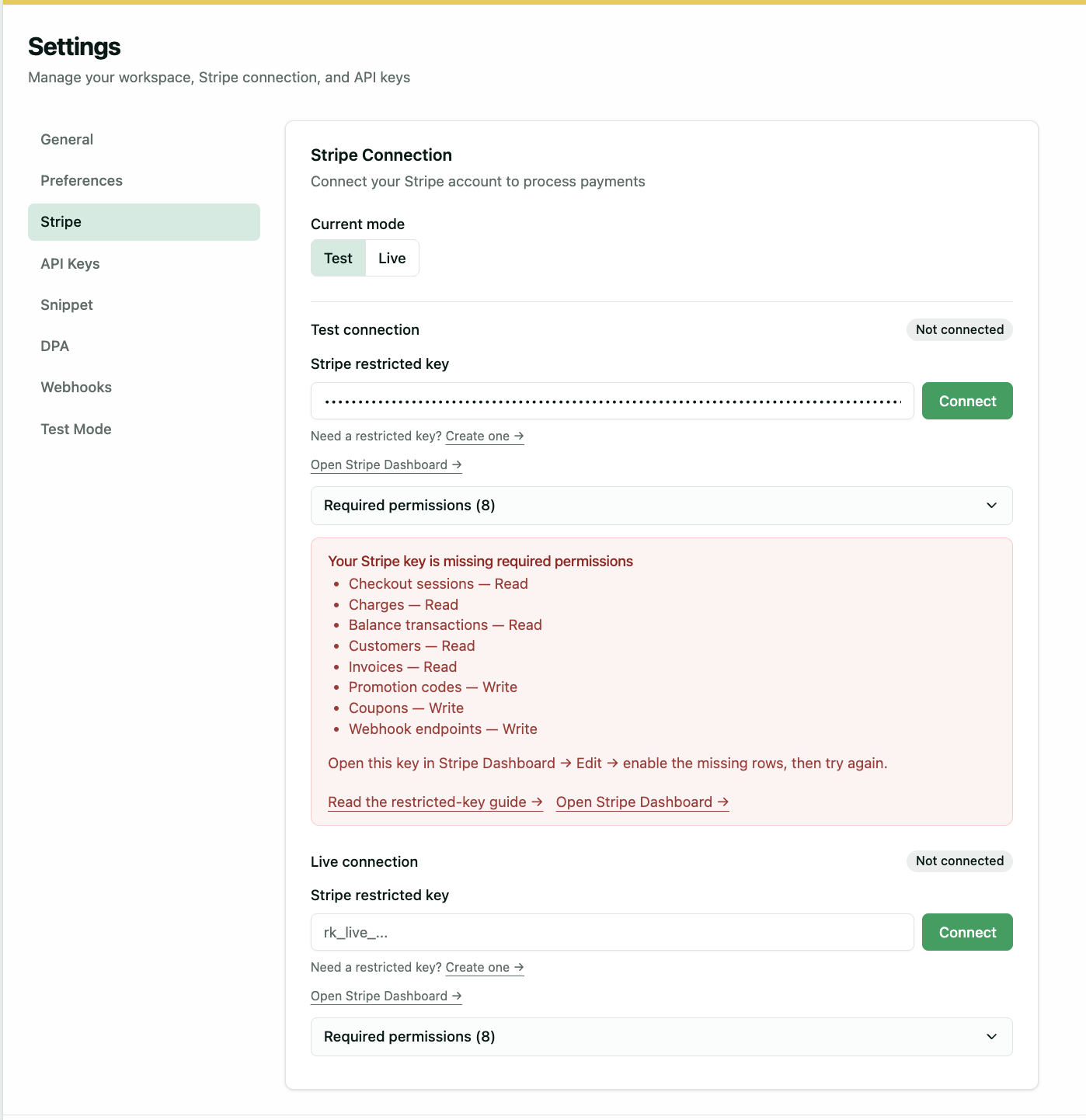 Selgeo Settings → Stripe page showing the red "Your Stripe key is missing required permissions" panel with a human-readable list of the missing permissions and links to read the restricted-key guide and open the Stripe Dashboard.