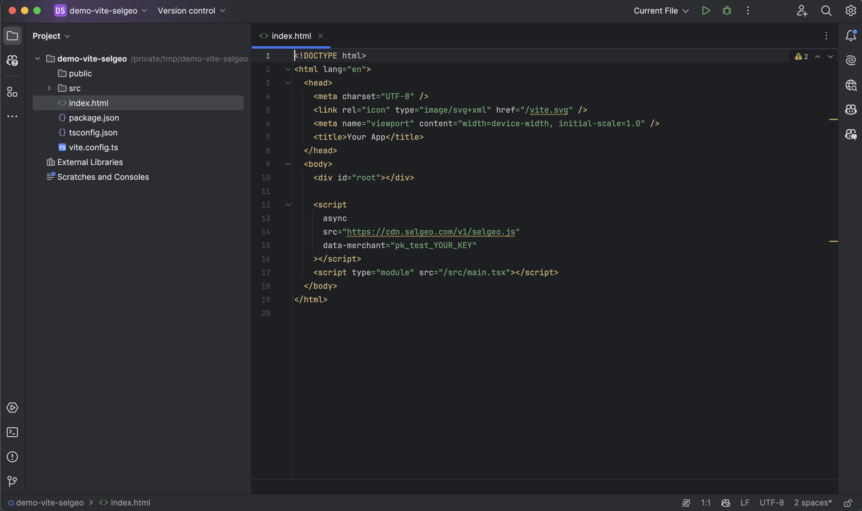 index.html open in the editor with the Selgeo script tag added above the app module script