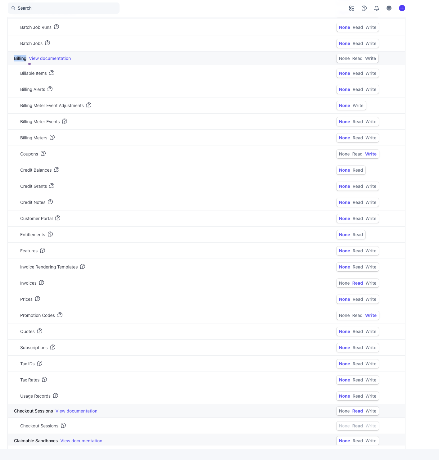 Stripe permissions table for the Billing resource group with Coupons and Promotion codes set to "Write" and Invoices set to "Read".