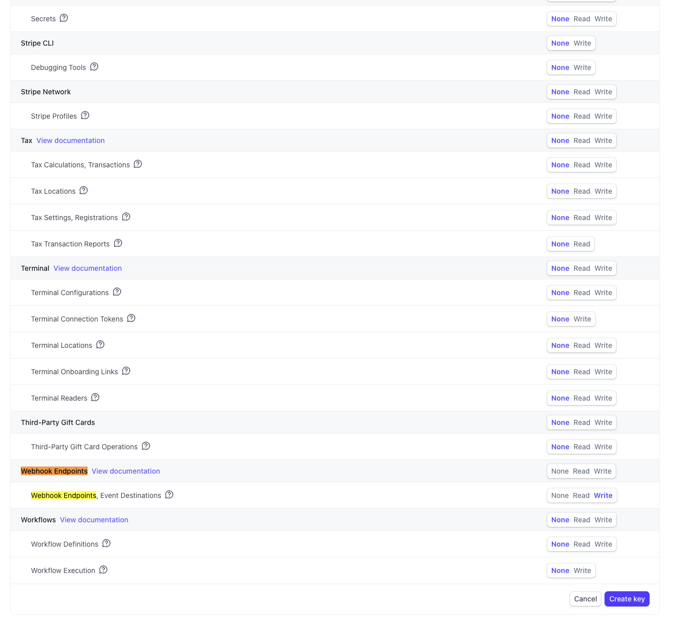 Bottom of the Stripe permissions table showing Webhook endpoints set to "Write" and the "Create key" button.