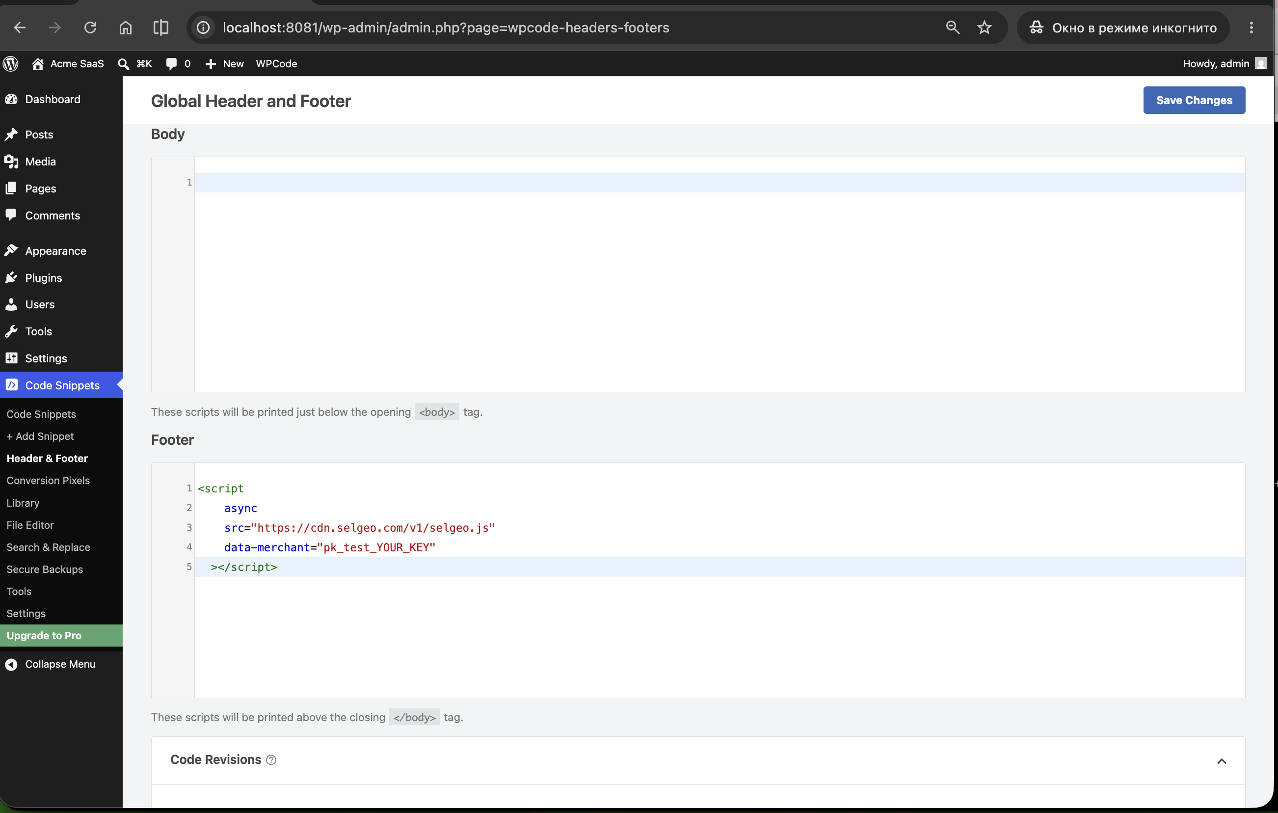 Pagina di impostazioni WPCode Headers &amp; Footers con il script Selgeo incollato nel campo Footer